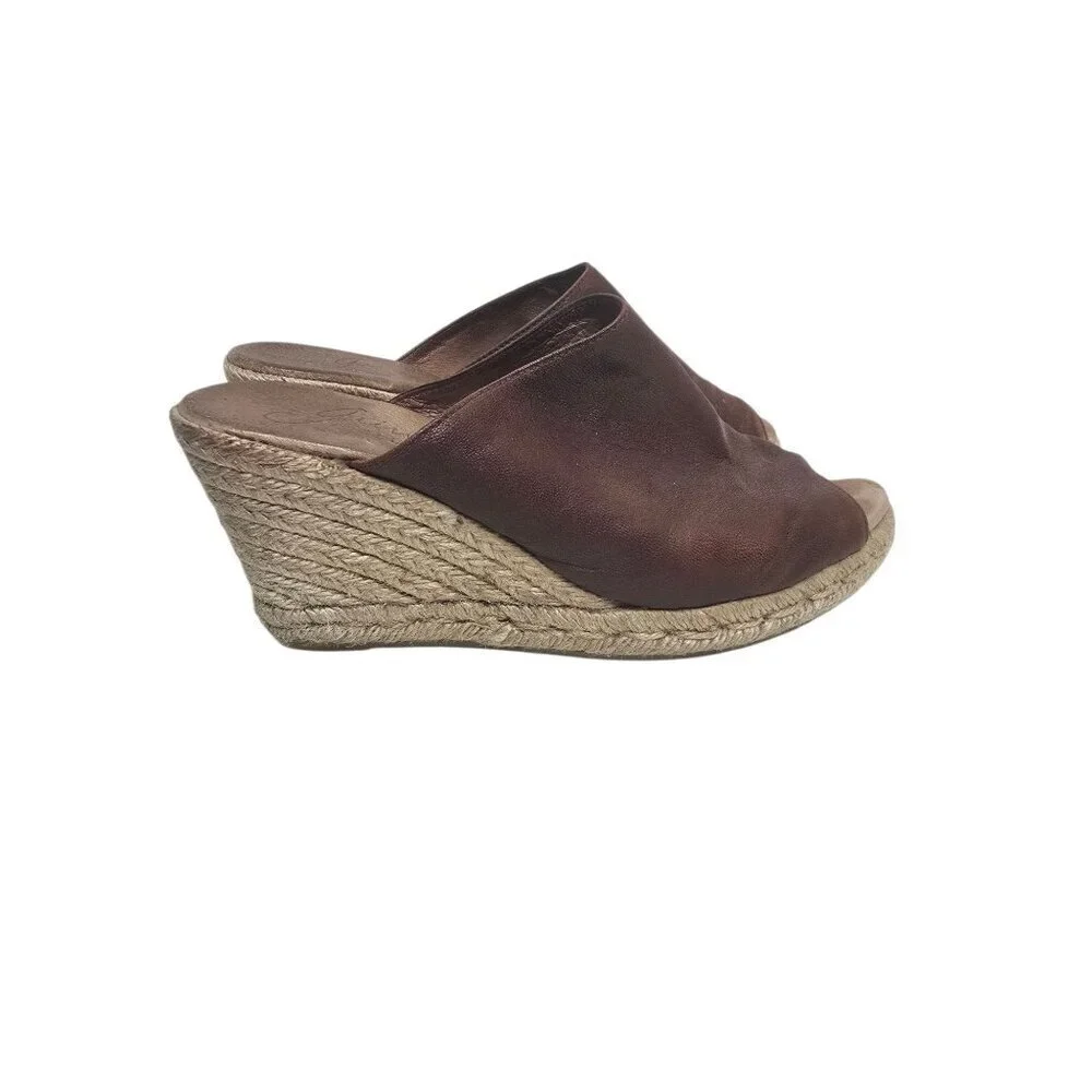 Anthropologie Gaimo Brown Leather Espadrille Wedge Sandals